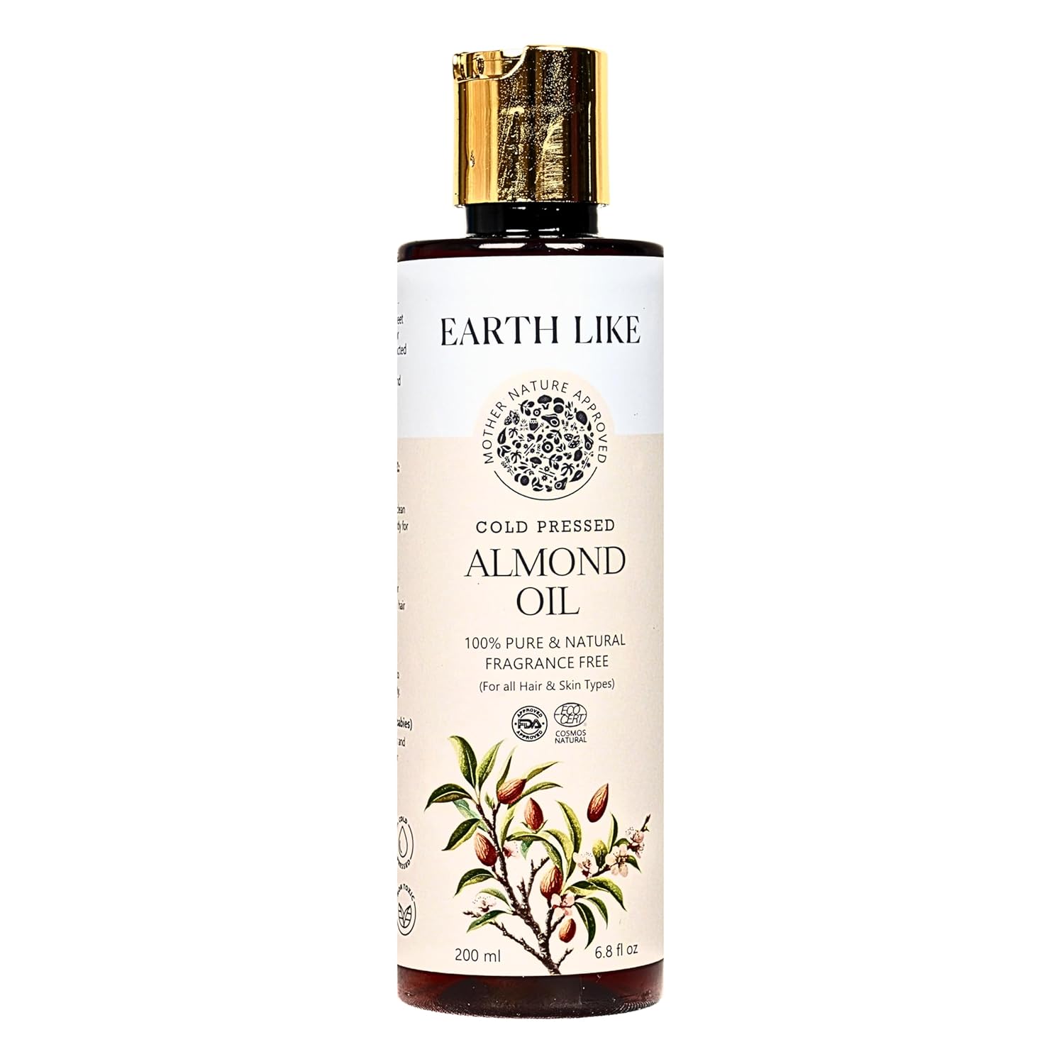 EARTH LIKE Cold Pressed Almond Oil for Hair Growth, Strong Hair & Healthy Glowing Skin| All Hair & Skin Types | Sulphate & Parabean Free, No Mineral & Silicon Oil