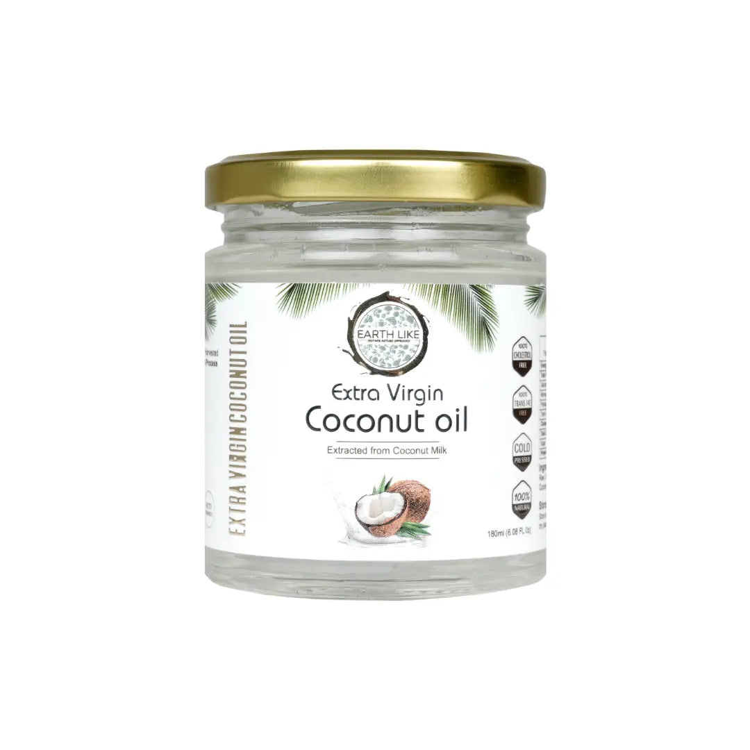 Earth Like Extra Virgin Coconut Oil, 180ml - Cold Pressed, Glass Jar, 100% Natural for Hair, Skin & Cooking (180ml)