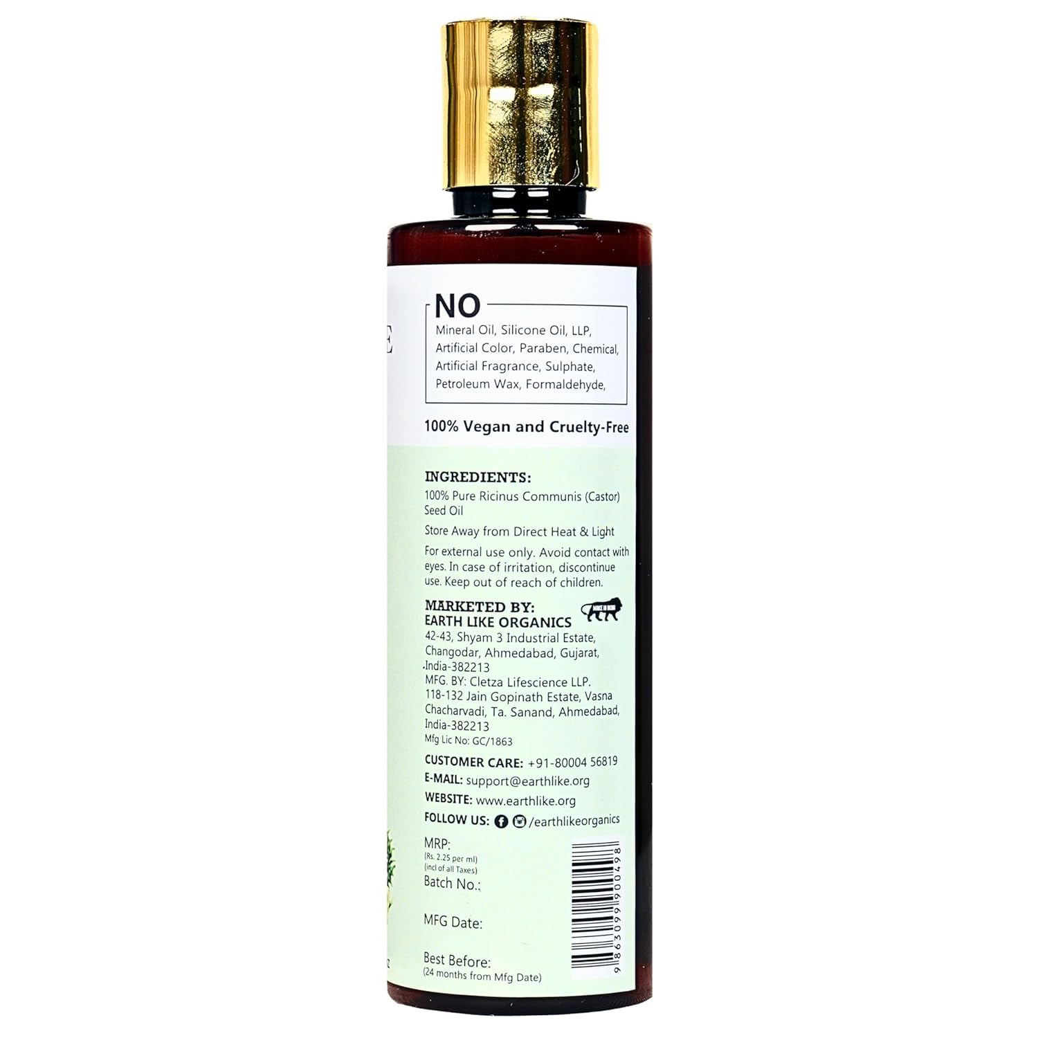 EARTH LIKE Cold Pressed Castor Oil (200ml) for Healthy Hair and Skin | Nourishes, Deeply Moisturizes & Promotes Hair Growth | All Hair & Skin Types | Sulphate & Parabean Free, No Mineral & Silicon Oil