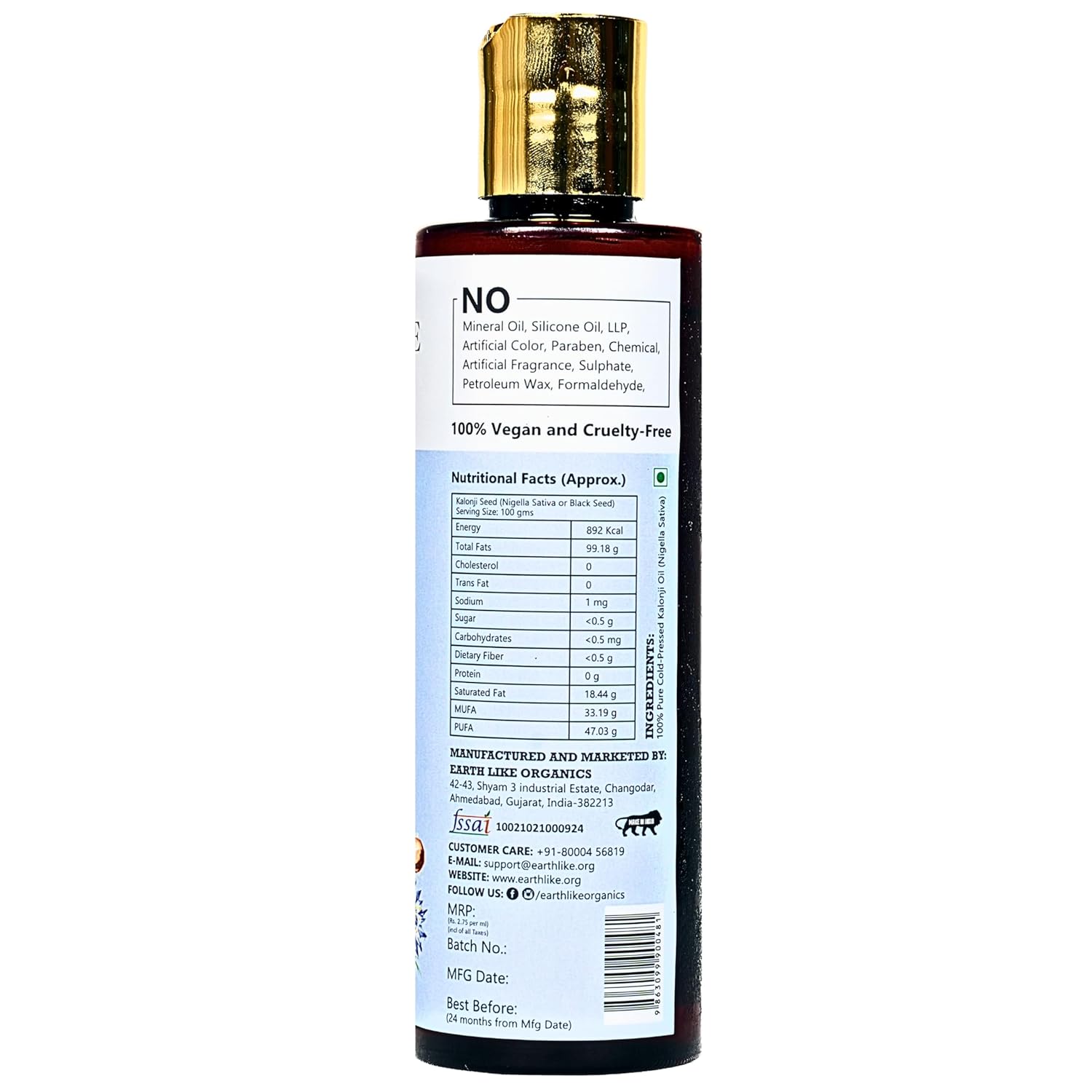 EARTH LIKE Cold Pressed Kalonji (Black Seed) Oil for Healthy & Strong Hair Scalp Nourishment | Skin Firming & Anti Aging Oil | All Hair & Skin Types | No Mineral & Silicon Oil (200ml)