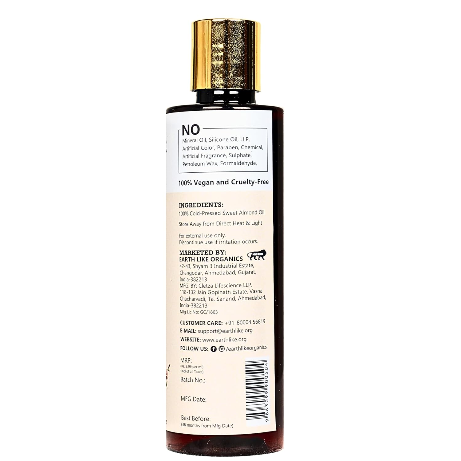 EARTH LIKE Cold Pressed Almond Oil for Hair Growth, Strong Hair & Healthy Glowing Skin| All Hair & Skin Types | Sulphate & Parabean Free, No Mineral & Silicon Oil