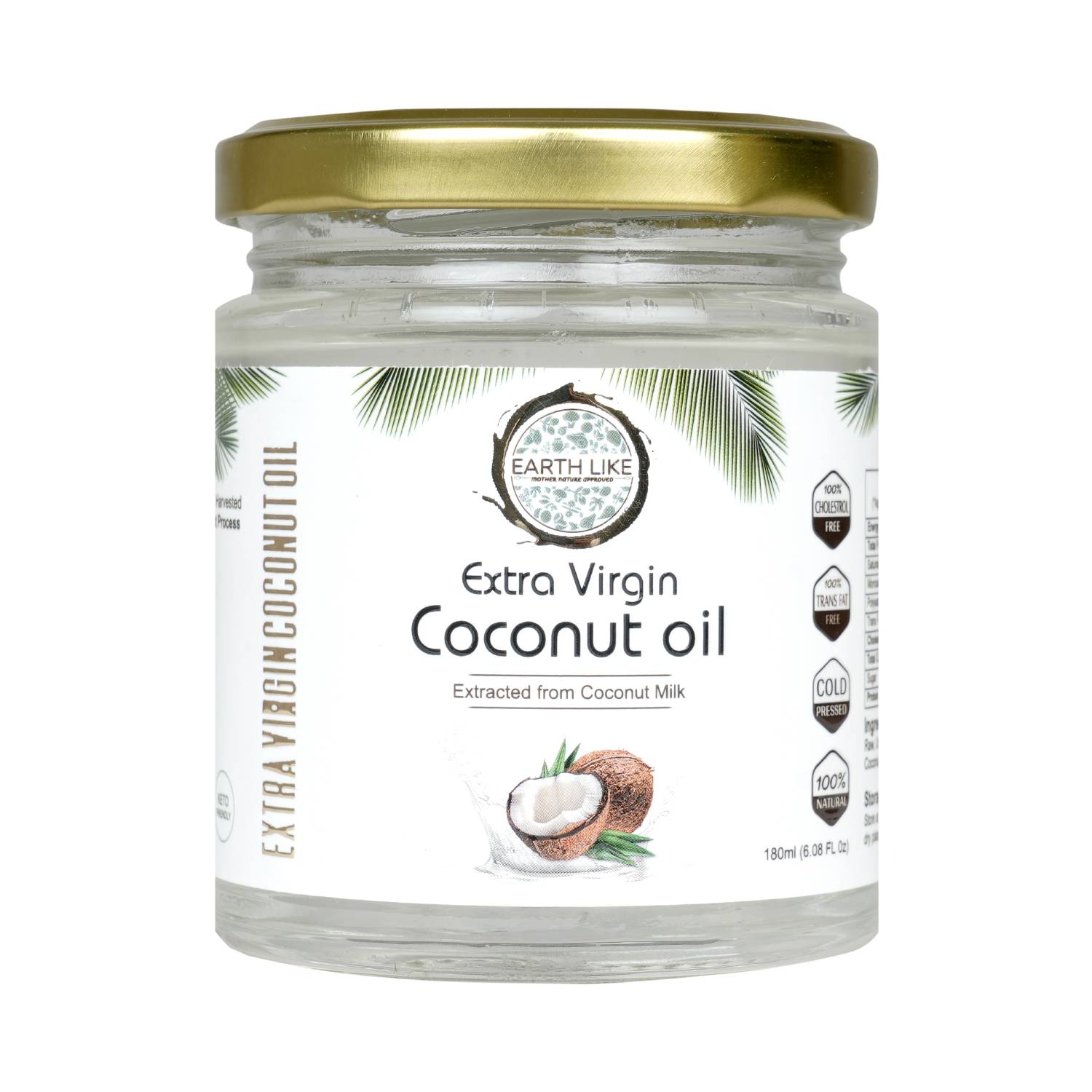 Earth Like Extra Virgin Coconut Oil, 180ml - Cold Pressed, Glass Jar, 100% Natural for Hair, Skin & Cooking (180ml)