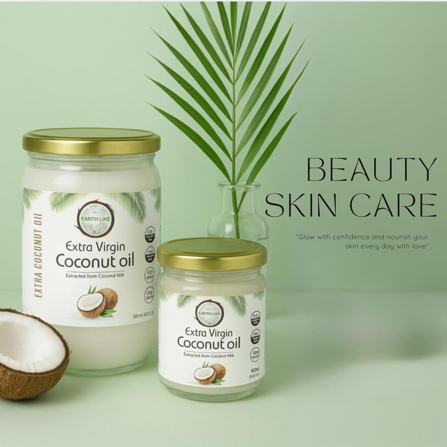 Earth Like Extra Virgin Coconut Oil, 180ml - Cold Pressed, Glass Jar, 100% Natural for Hair, Skin & Cooking (180ml)