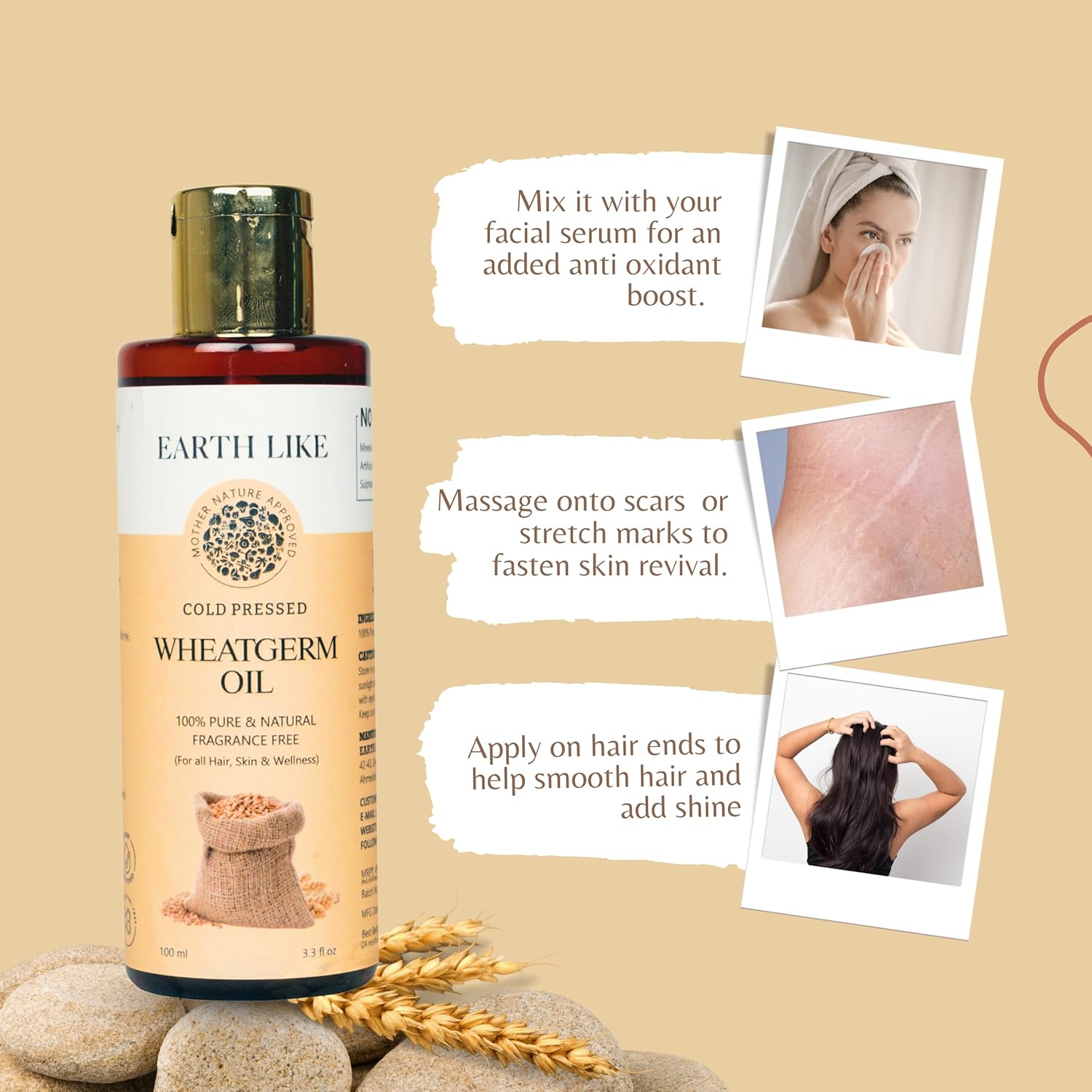 Earth Like Cold Pressed Wheat germ Carrier Oil - 100% Pure and Natural- Suitable for All Skin Types Pure Oil |Use for Hair Care, Skin Care (100ml)