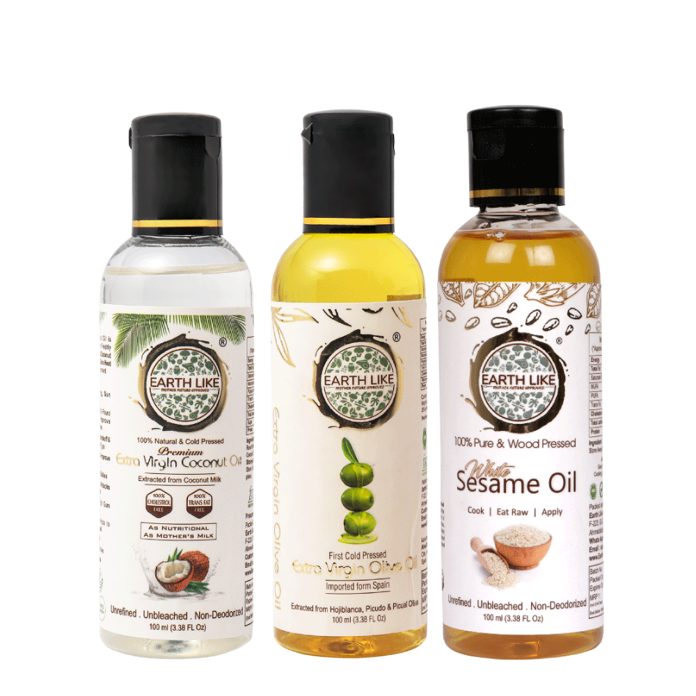 Earth Like Extra Virgin Olive Oil Imported | Extra Virgin Coconut Oil | Wood Pressed White Sesame Gingelly Oil | 100% Pure & Natural | Hair care & Skin Care Combo (pack of 3) (100ml)
