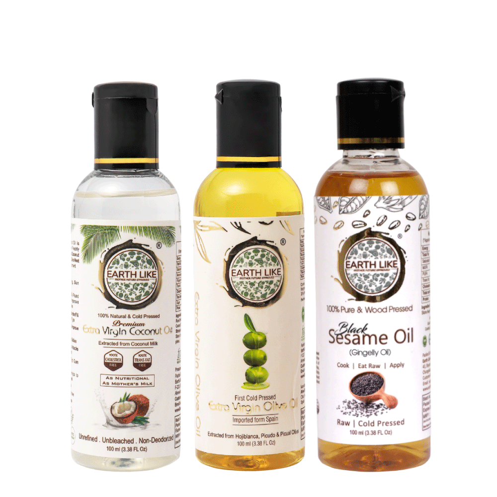 Earth Like Extra Virgin Olive Oil Imported | Extra Virgin Coconut Oil | Wood Pressed Black Sesame Gingelly Oil | 100% Pure & Natural | Hair care & Skin Care Combo (pack of 3) (100ml)