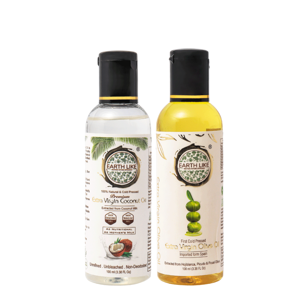 EARTH LIKE Cold Pressed Extra Virgin Coconut Oil | 100ML Extra Virgin Olive Oil | Natural Enriching & Nourishing Oil Bottle for Skin, Hair Growth (100 ml Combo)(pack of 2)