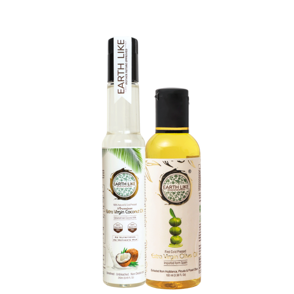 EARTH LIKE Cold Pressed Extra Virgin Coconut Oil 250ML & 100ML Extra Virgin Olive Oil Combo | Natural Enriching & Nourishing Oil Bottle for Skin, Hair Growth & Cooking