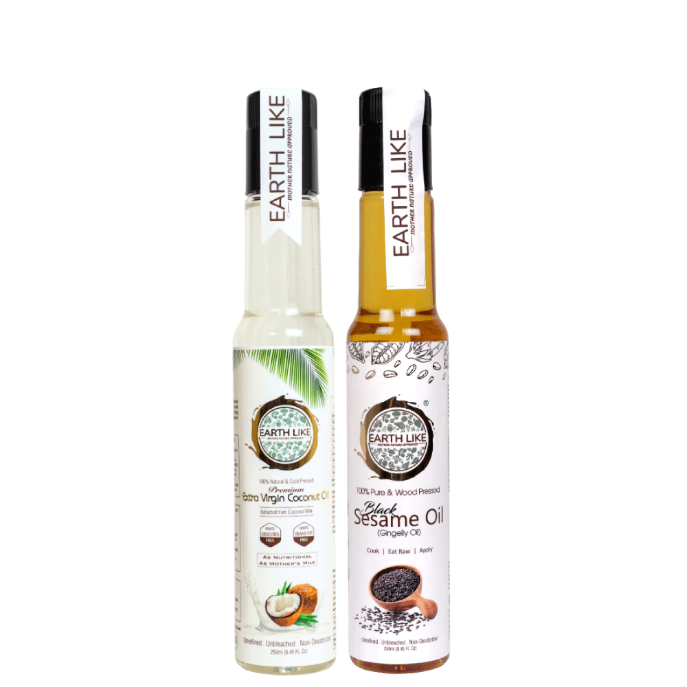 Earth Like - Extra Virgin Coconut Oil | Wood Pressed Black Sesame Gingelly Oil | Cold Pressed Hair Skin Care Oil Combo (Coconut Oil 250 ml + Sesame Oil 250 ml)