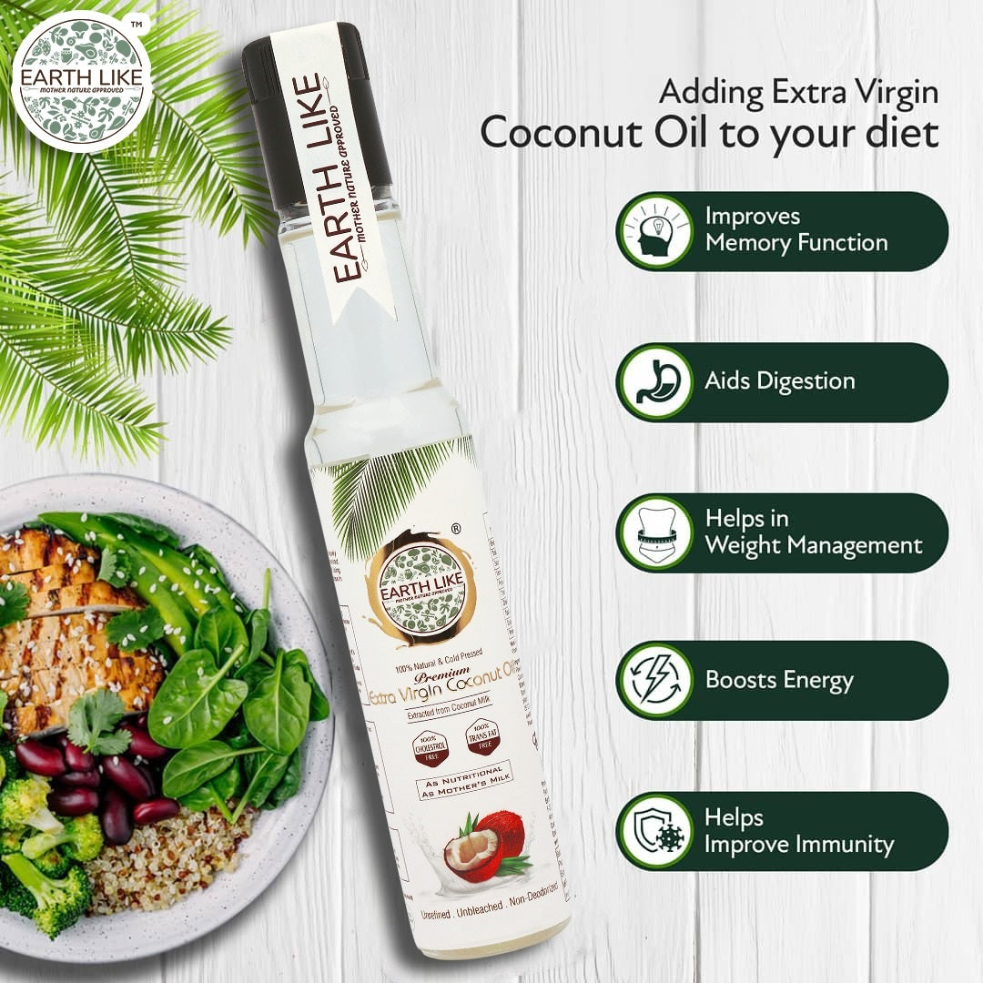 EARTH LIKE Cold Pressed Extra Virgin Coconut Oil 250ML & 100ML Extra Virgin Olive Oil Combo | Natural Enriching & Nourishing Oil Bottle for Skin, Hair Growth & Cooking