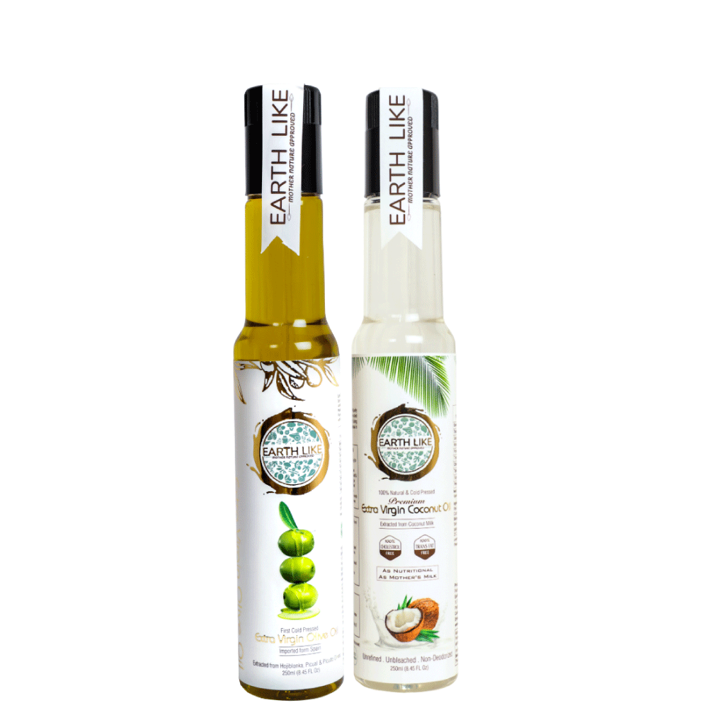 EARTH LIKE Cold Pressed Extra Virgin Coconut Oil 250ML & 250ML Extra Virgin Olive Oil Combo | Natural Enriching & Nourishing Oil Bottle for Skin, Hair Growth & Cooking