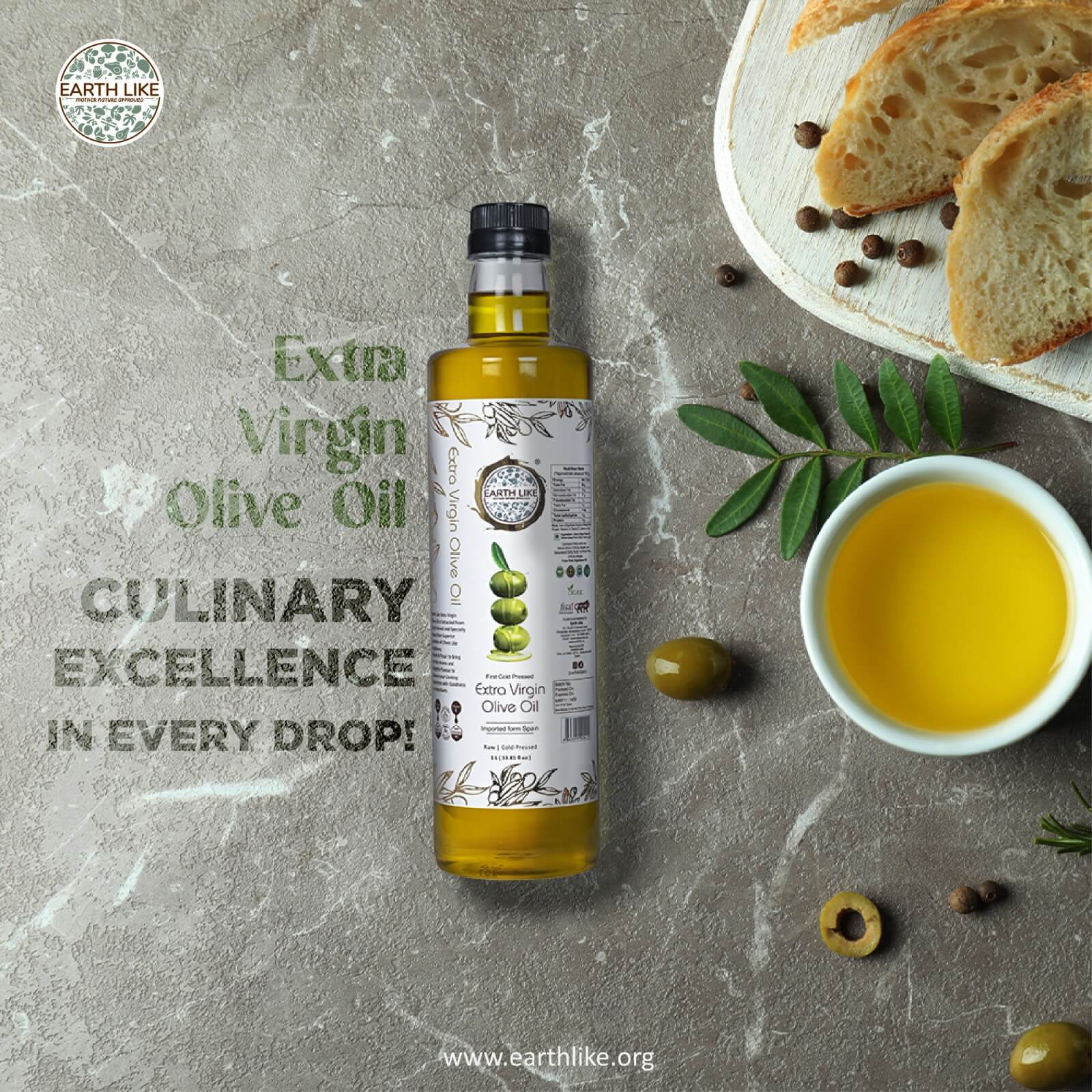 EARTH LIKE - Extra Virgin Olive Oil for Cooking, Skin Massage, Hair Care, Baby Massage | Cold Pressed