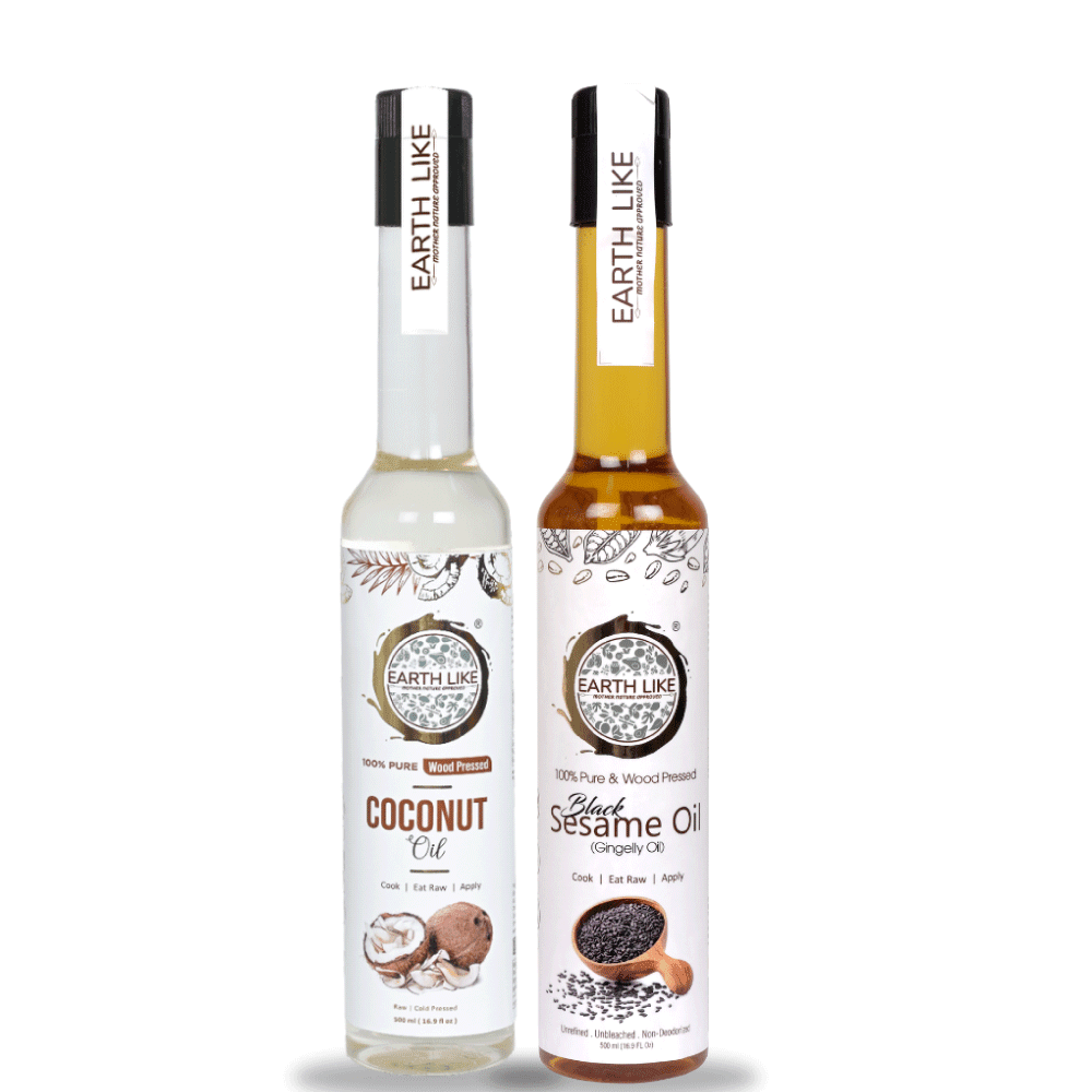 EARTH LIKE Wood Pressed Coconut Oil 500 ml & Wood Pressed Black Sesame 500 ml(Pure Kolhu/Kachi Ghani/Cold Pressed) for Cooking, Skin Massage, Hair Care, Baby Massage (pack of 2)