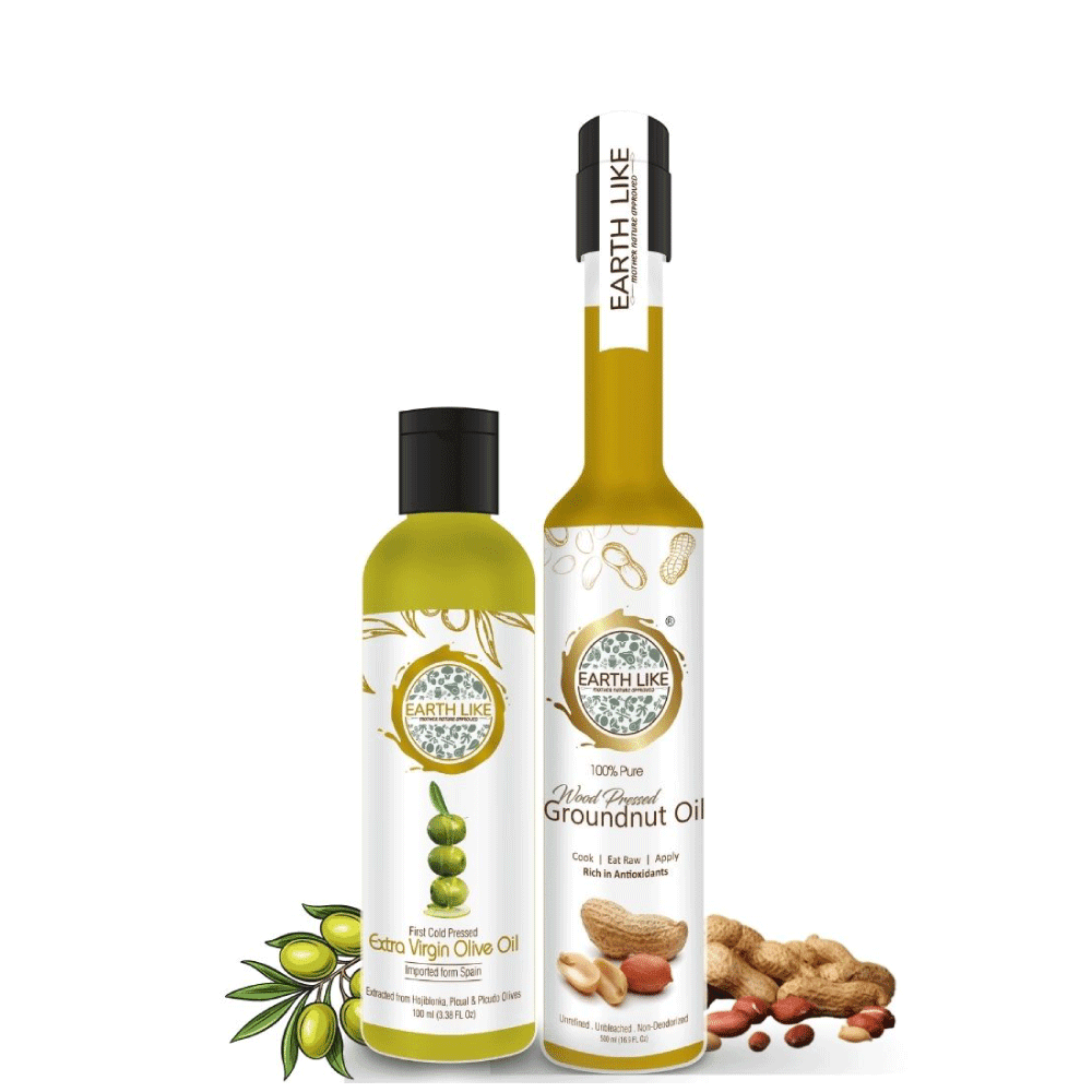 Earth Like Extra Virgin Olive Oil Imported | Wood Pressed Healthy Groundnut Oil (Pure Kolhu/Kachi Ghani/Chekku Tel) | Health Care Combo 100 ml and 500 ml (Pack of 2)