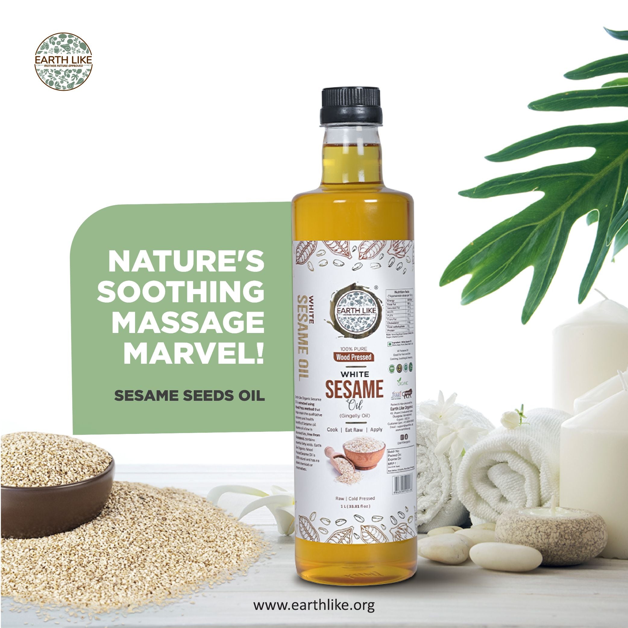 Earth Like Wood Pressed White Sesame Gingelly Oil(Pure Kolhu/Kachi Ghani/cold pressed) Hair Skin Care