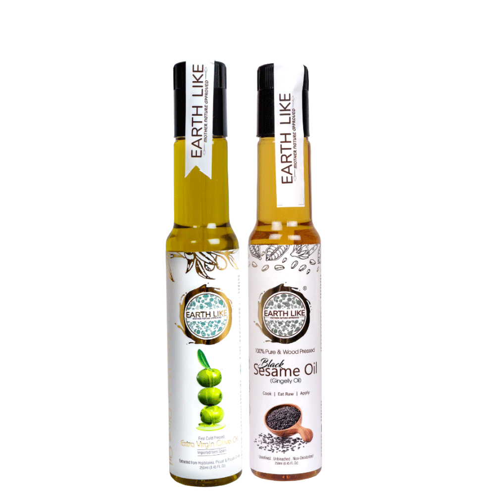 Earth Like Extra Virgin Olive Oil Imported | Wood Pressed Gingelly Oil (Pure Kolhu/Kachi Ghani/Chekku Tel) | Cold Pressed Hair and Skin Care Oil (Olive Oil 250 ml + Sesame Oil 250 ml)
